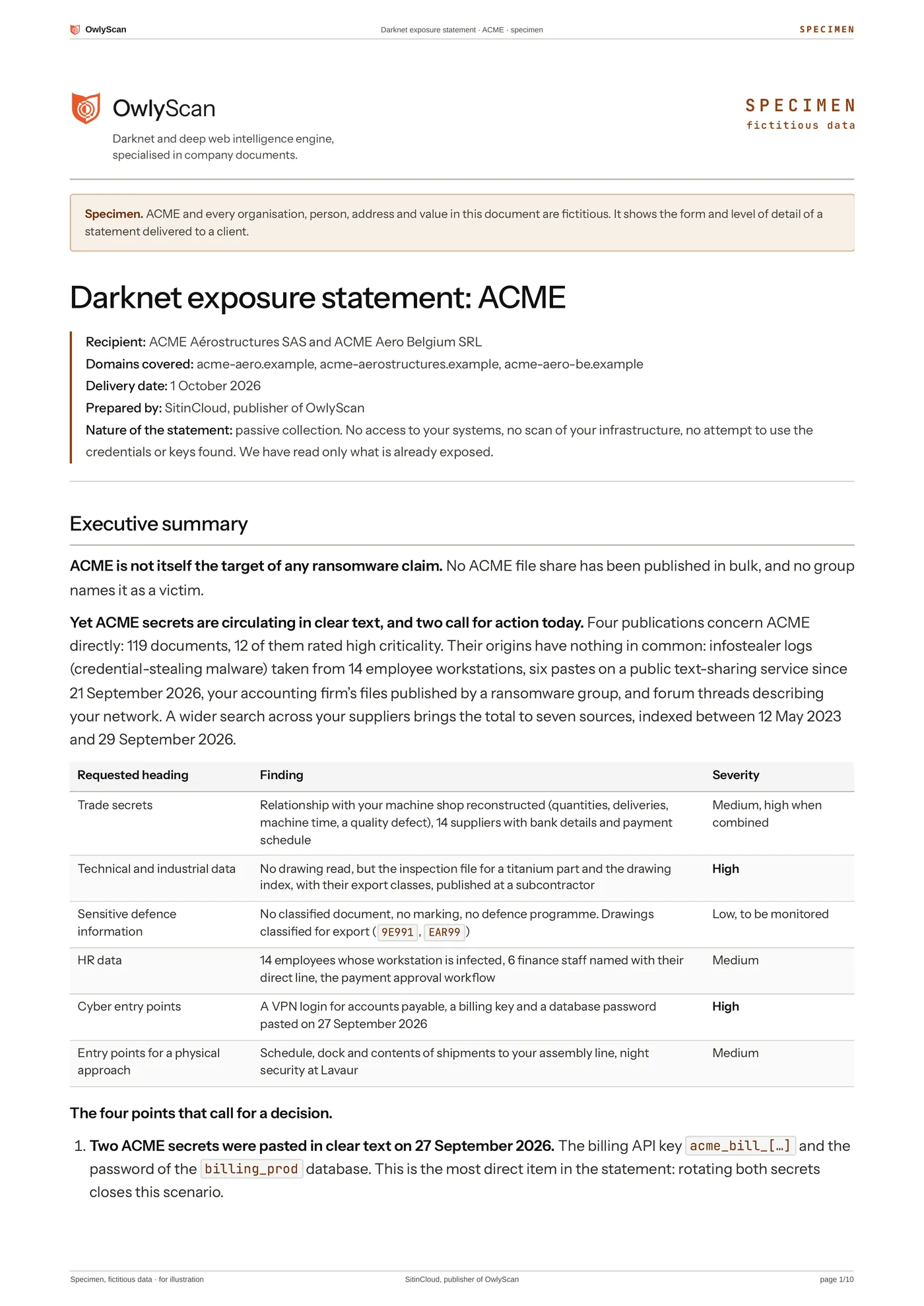 First page of the example statement for ACME, a fictitious company: the OwlyScan masthead, the specimen notice, the title, the recipient and the scope, then the executive summary and its table of findings by severity.