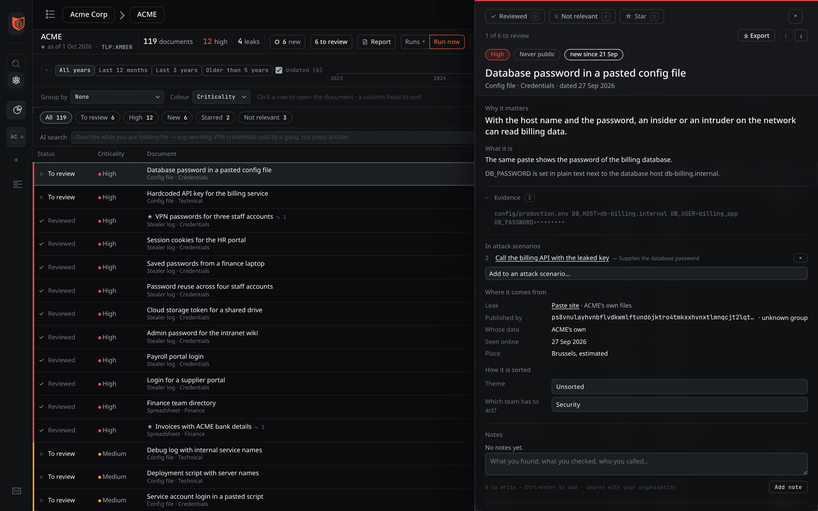 A document open: Database password in a pasted config file. Why it matters, what it is, the evidence line with the password masked, the attack scenario it supplies, where it comes from, and which team has to act: Security.