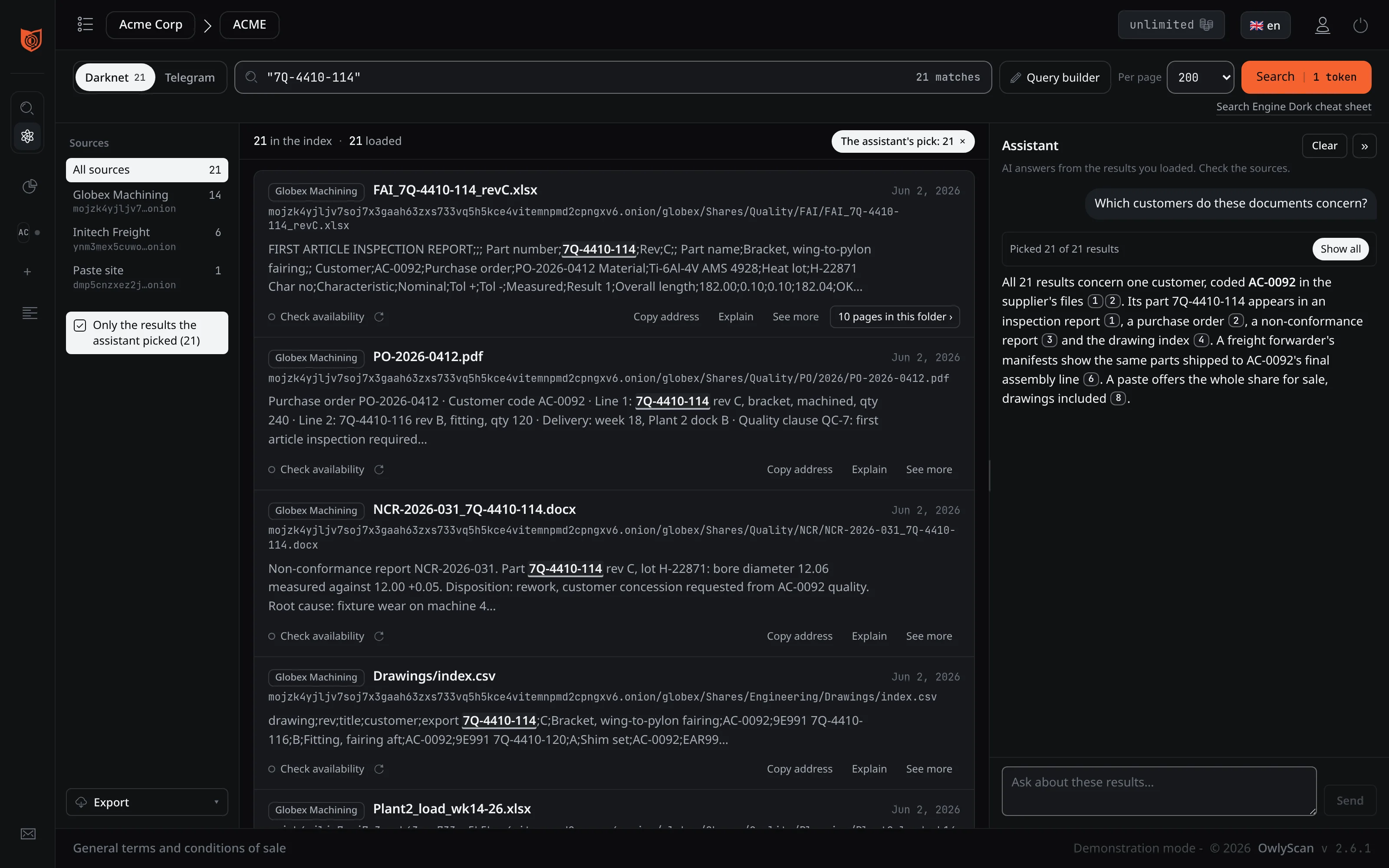 The assistant answers: all 21 results concern one customer, coded AC-0092 in the supplier's files, with numbered citations to an inspection report, a purchase order, a non-conformance report, the drawing index and a freight forwarder's manifests.
