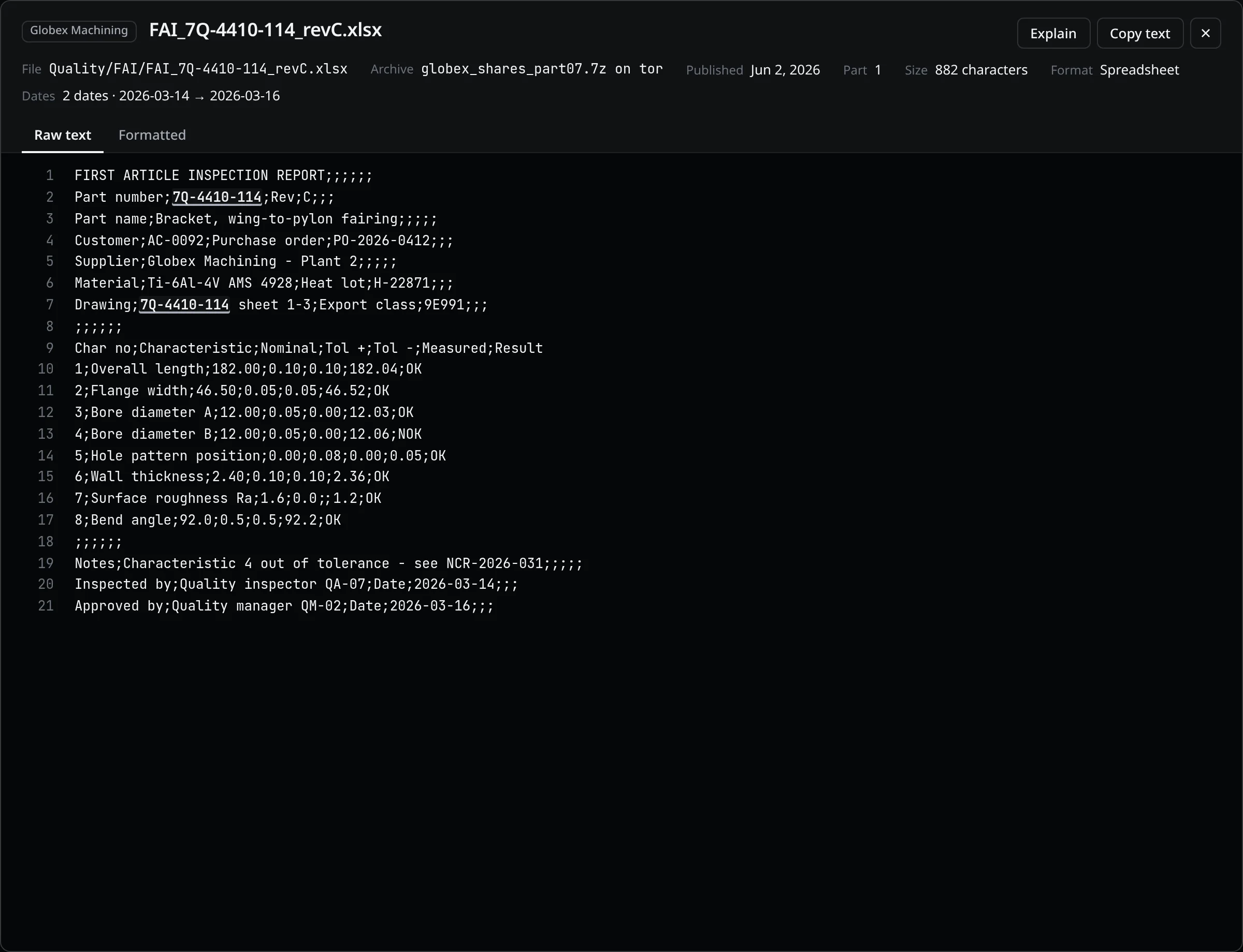 The document viewer, Raw text tab: a first article inspection report as 21 lines of semicolon-separated text, the part number marked.