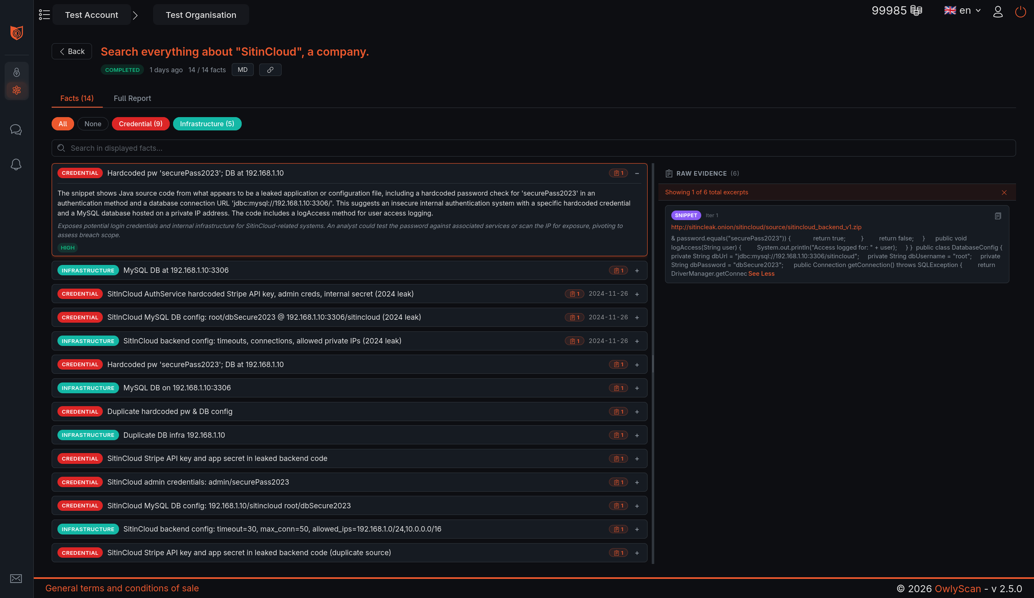 OwlyScan search console — live query interface with sourced findings