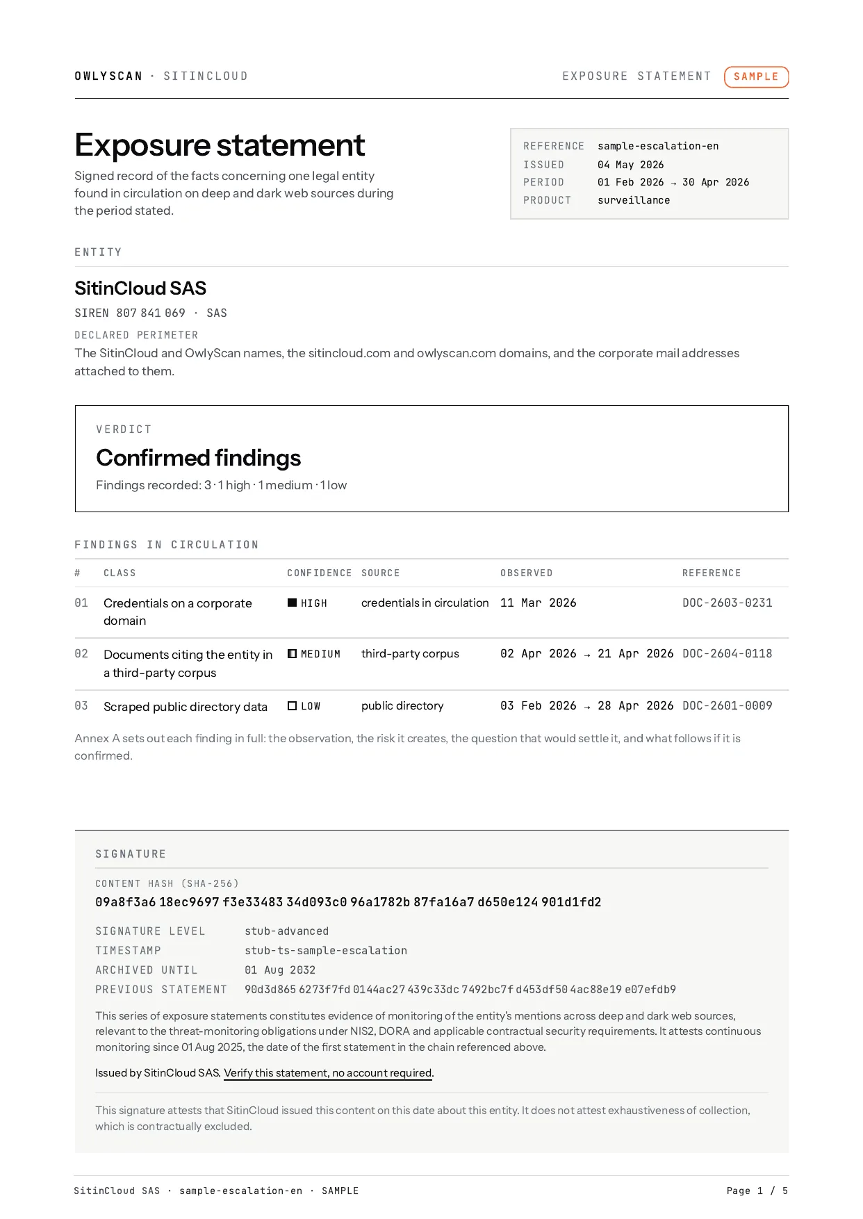 Sample exposure statement for a period with recorded findings